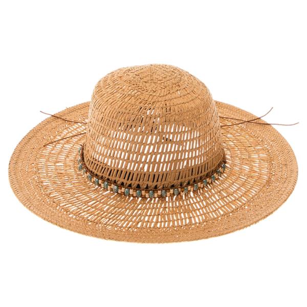 PEEKABOO WEAVE STRAW SUN HAT W/ PAINTED WOOD BEADS BAND