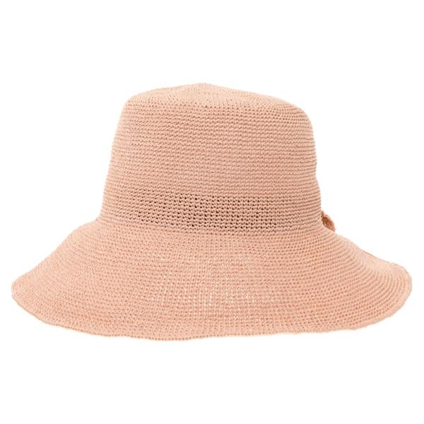 FINELY CROCHETED TOYO STRAW SUN HAT WITH A PRETTY BOW AND EASY-WEAR OPEN BACK DESIGN.