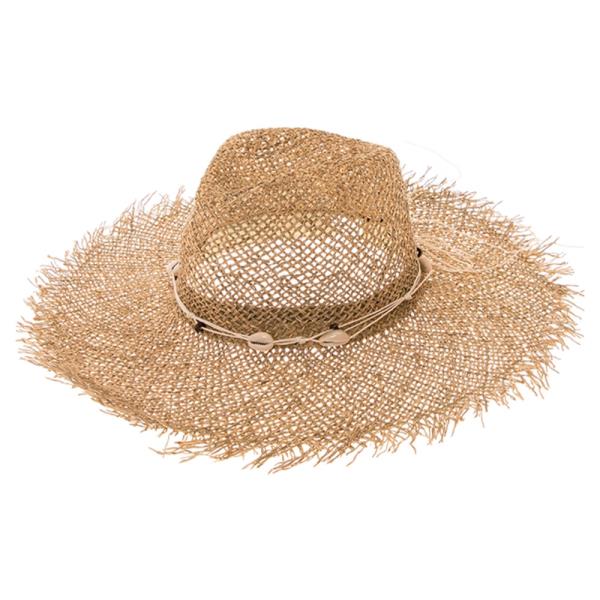 FRAYED EDGE SEAGRASS PANAMA HAT W/ SEASHELLS & WOOD BEADS BAND