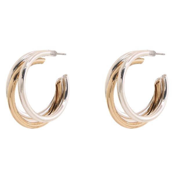 TWO TONE TRIPLE BAND HOOP EARRING