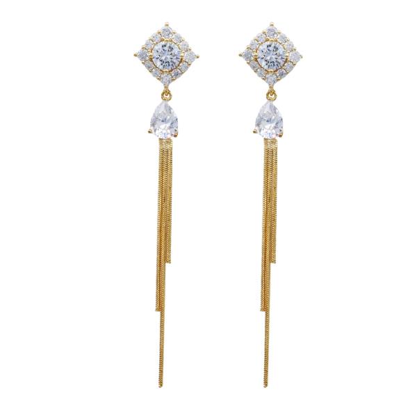 CZ SQUARE TEARDROP TASSEL DROP EARRING