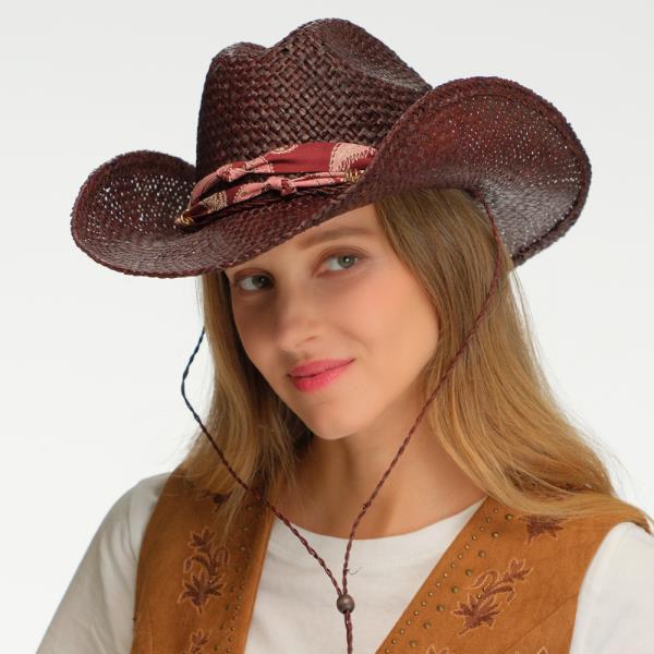 CC RAFFIA COWBOY HAT WITH PAISLEY BAND AND TEXTURED CHARM