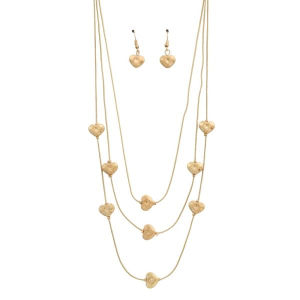 MULTI CHAIN HEART 3 LAYERED LONG NECKLACE EARRING SET