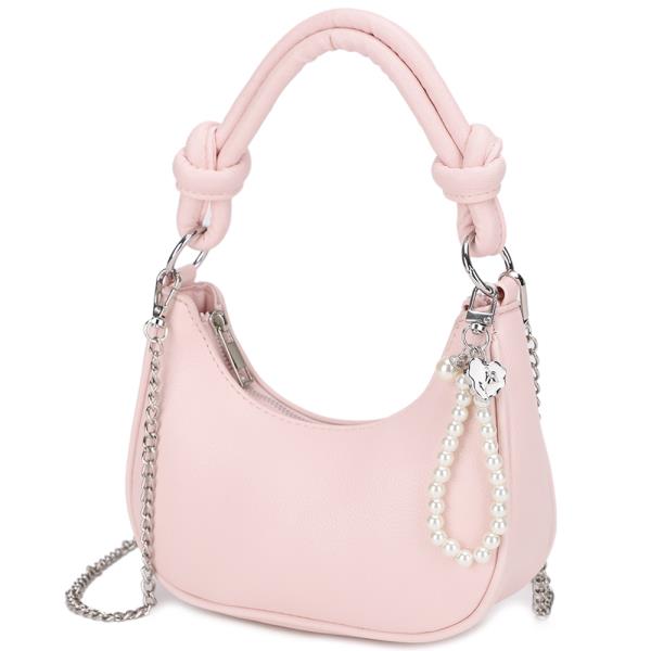 CURVED ZIPPER HANDLE CROSSBODY BAG W PEARL STRAP KEYCHAIN