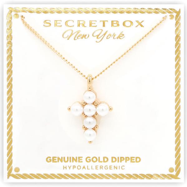 SECRET BOX GOLD DIPPED PEARL CROSS NECKLACE