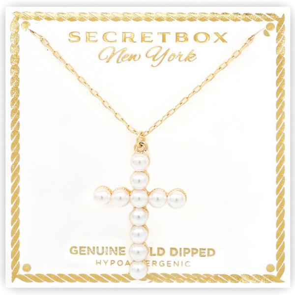 SECRET BOX GOLD DIPPED PEARL CROSS NECKLACE