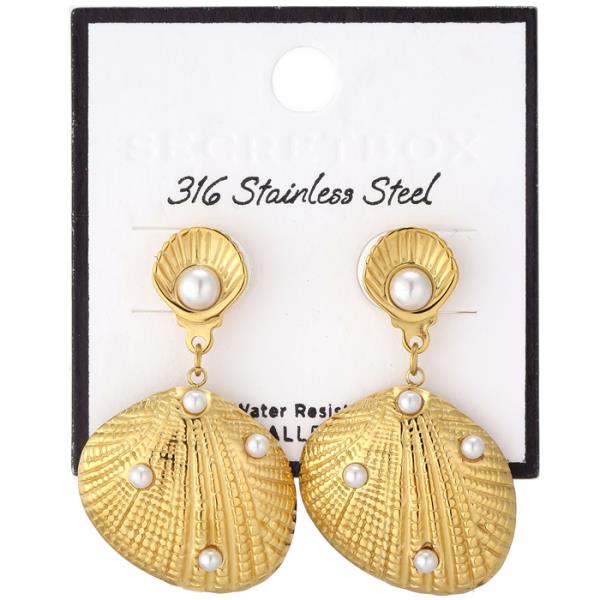 SECRET BOX STAINLESS STEEL PEARL STUD SHELL EARRING