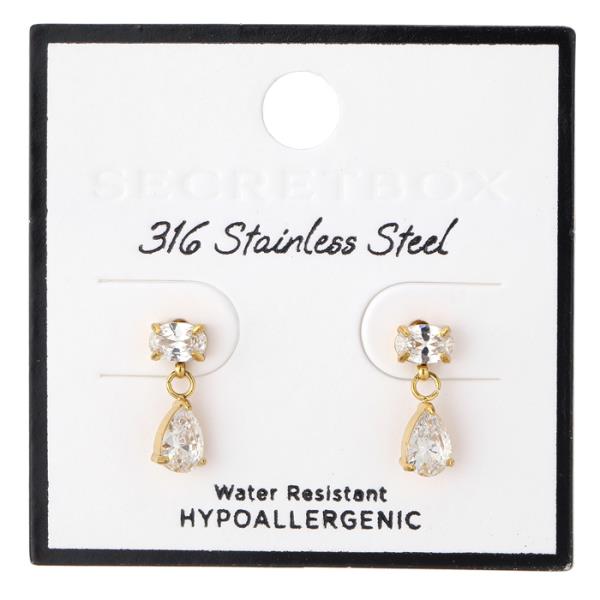 SECRET BOX STAINLESS STEEL TEARDROP CZ EARRING