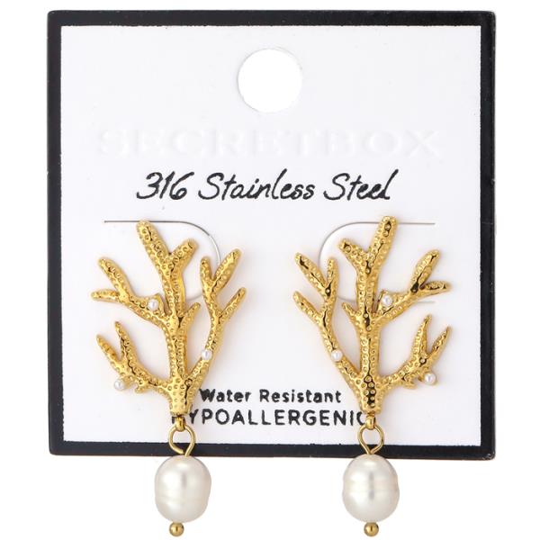 SECRET BOX STAINLESS STEEL BRANCH PEARL EARRING