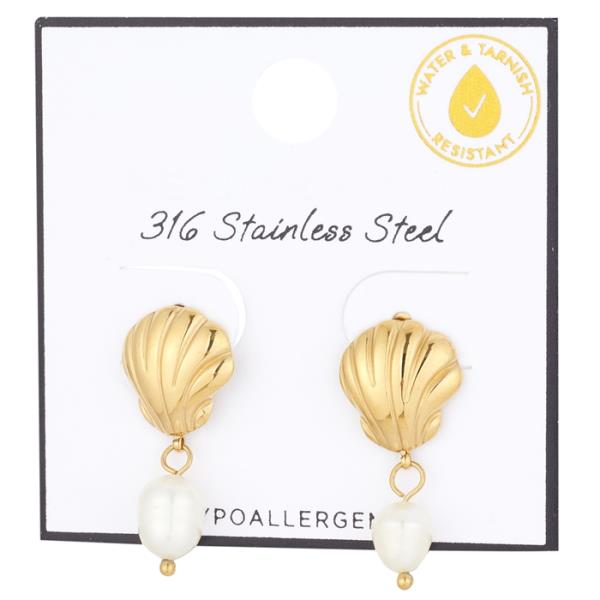 SECRET BOX STAINLESS STEEL PEARL DANGLE SHELL EARRING
