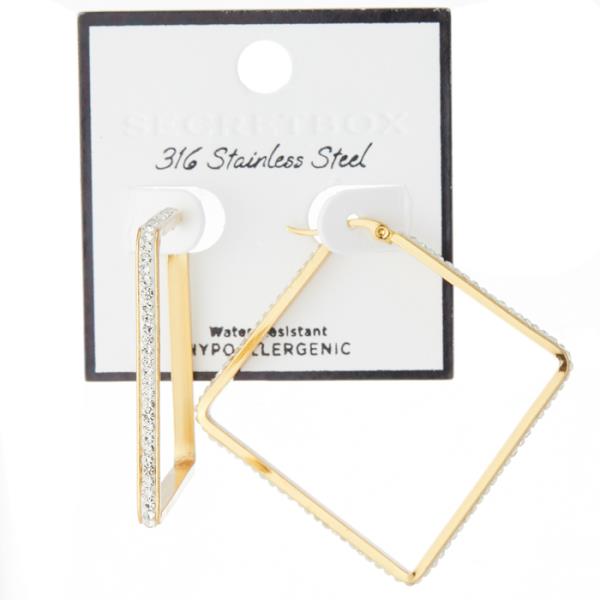 SECRET BOX STAINLESS STEEL SQUARE WHITE STONE HOOP EARRING