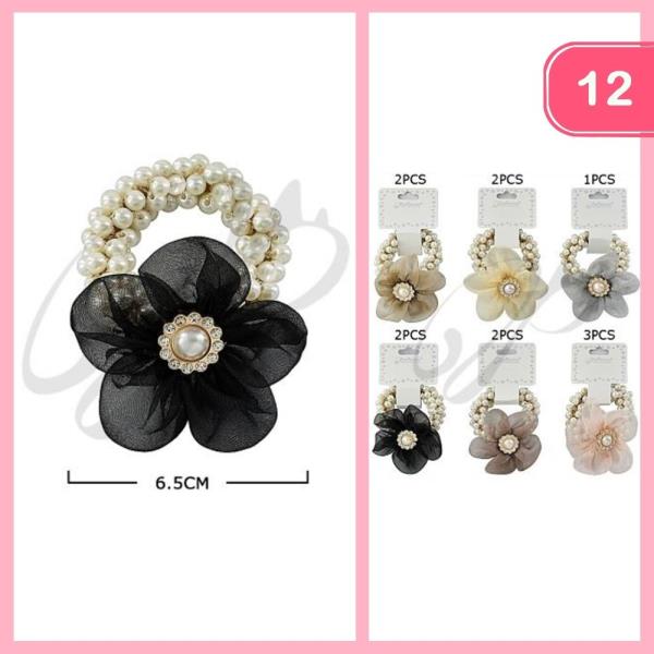 PEARL BEAD FLOWER HAIR TIE (12 UNITS)