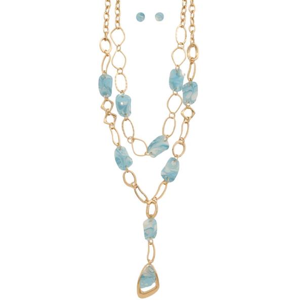 CHAIN LINK STONE CHIP LAYERED LARIAT Y NECKLACE EARRING SET