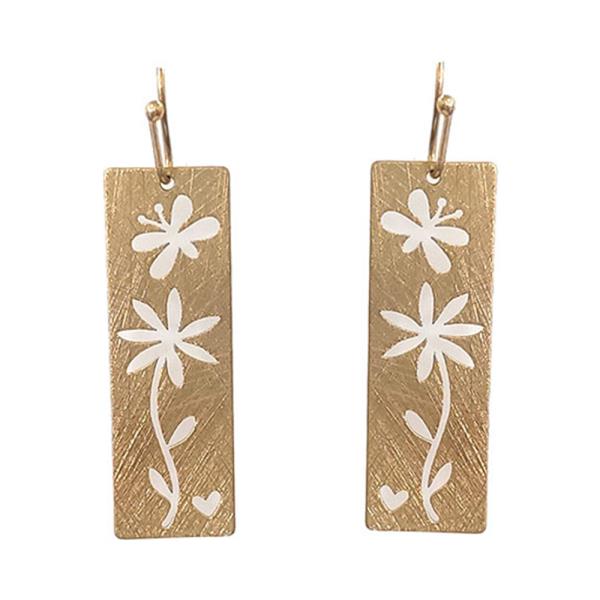 BRASS BURNISHED METAL FLORAL BAR DANGLE EARRING