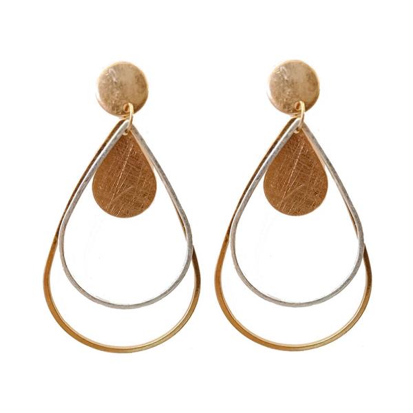 BRASS BURNISHED METAL DOUBLE TEARDROP DANGLE EARRING