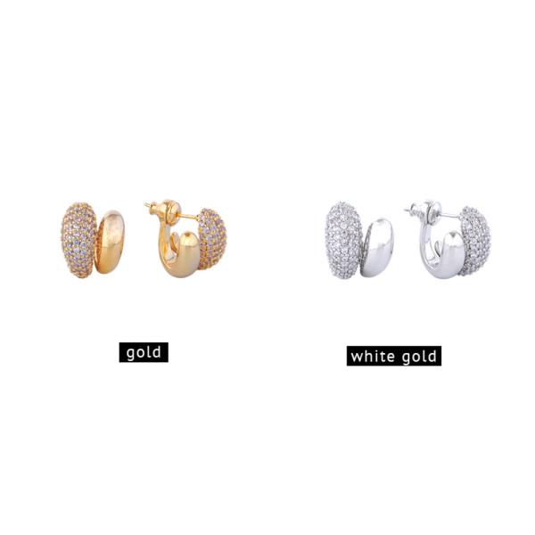 14K GOLD/WHITE GOLD DIPPED PAVE DOME HOOP EARRINGS