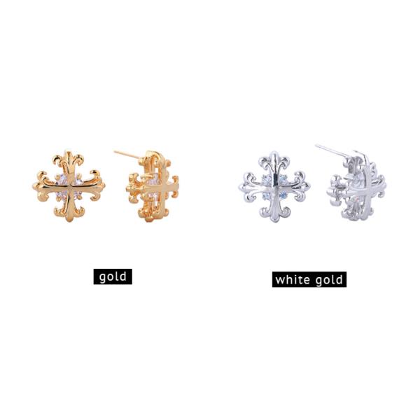 14K GOLD/WHITE GOLD DIPPED CROSS ORNAMENT STUD EARRINGS