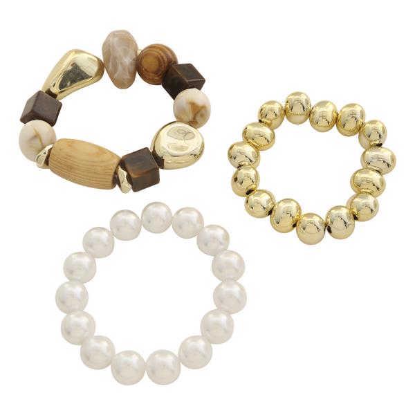 3PC BEAD PEARL METAL MIX BRACELET SET