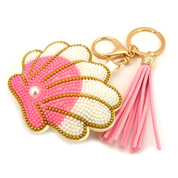 SEED BEAD SEASHELL TASSEL BAG CHARM KEYCHAIN