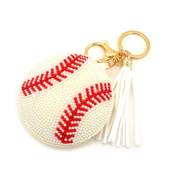 SEED BEAD BASEBALL TASSEL BAG CHARM KEYCHAIN