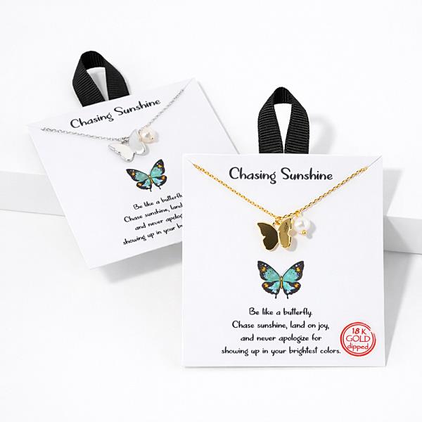 18K GOLD CHASING SUNSHINE BUTTERFLY PEARL PENDANT NECKLACE