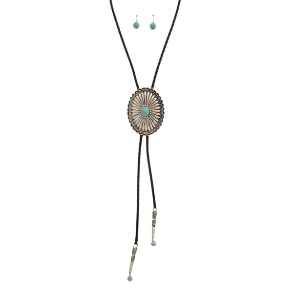 METAL OVAL TURQUOISE BOLO LONG NECKLACE EARRING SET