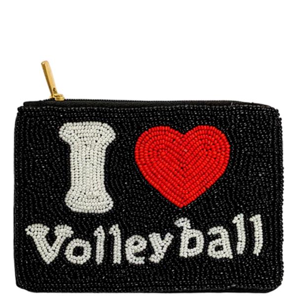 SEED BEAD I HEART VOLLEYBALL COIN PURSE POUCH BAG