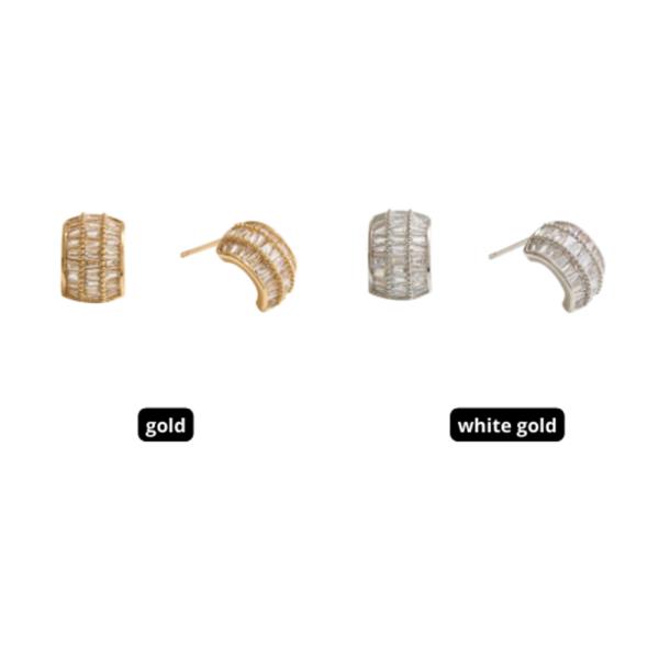 14K GOLD WHITE GOLD DIPPED WATER RESISTANT TRIPLE ROW BAGUETTE HALF HOOP EARRINGS WITH CZ