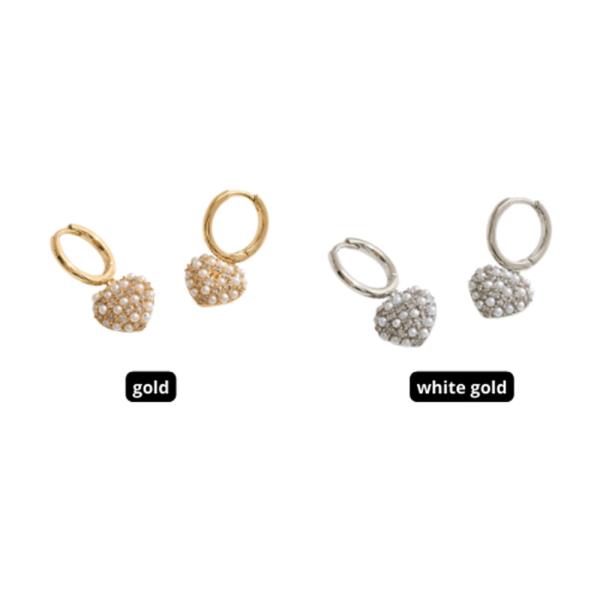 14K GOLD WHITE DIPPED WATER RESISTANT MINI PEARL HEART DROP HUGGIE EARRING CZ PAVE