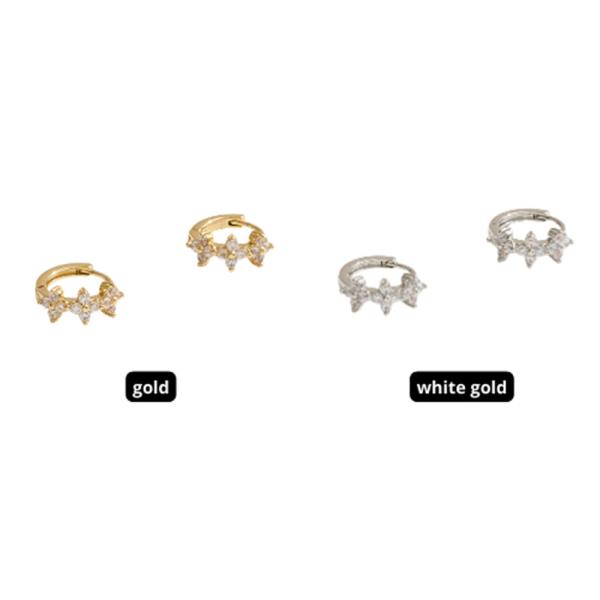 14K GOLD WHITE GOLD DIPPED WATER RESISTANT TRIPLE FLORAL HUGGIE EARRINGS WITH CZ