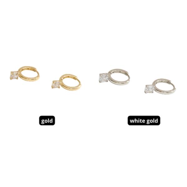 14K GOLD WHITE GOLD DIPPED WATER RESISTANT PRINCESS CUT HUGGIE HOOP EARRING WITH CZ