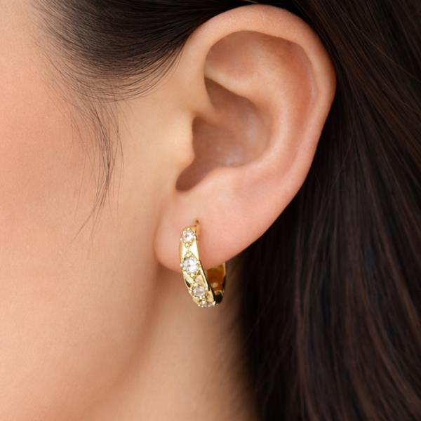 14K GOLD DIPPED WATER RESISTANT TEXTURED HUGGIE HOOP EARRINGS WITH CZ PAVE