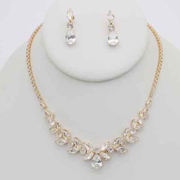 CZ CRYSTAL LEAF CLUSTER STATEMENT NECKLACE EARRING SET