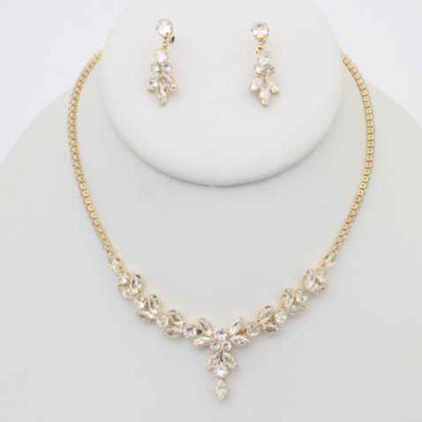 CZ CRYSTAL TEARDROP V STATEMENT NECKLACE EARRING SET