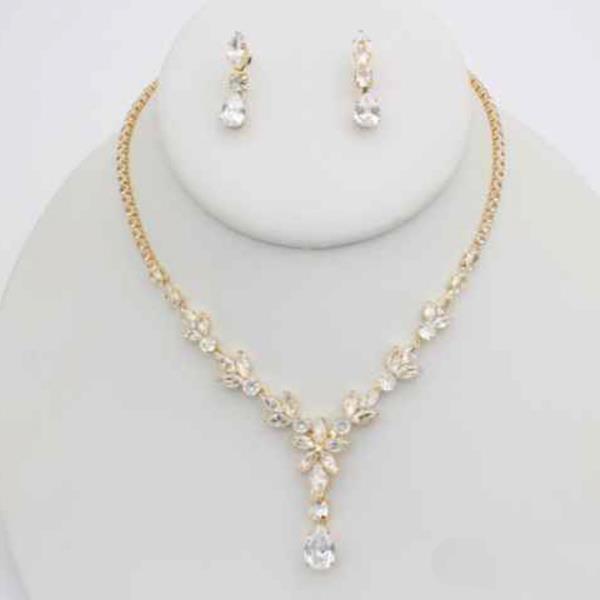 CZ CRYSTAL V DROP STATEMENT NECKLACE EARRING SET