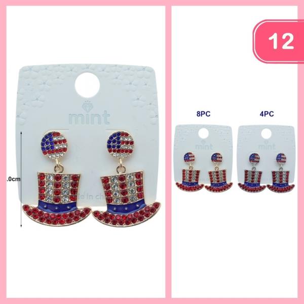 RHINESTONE AMERICAN FLAG HAT DANGLE EARRINGS (12 UNITS)