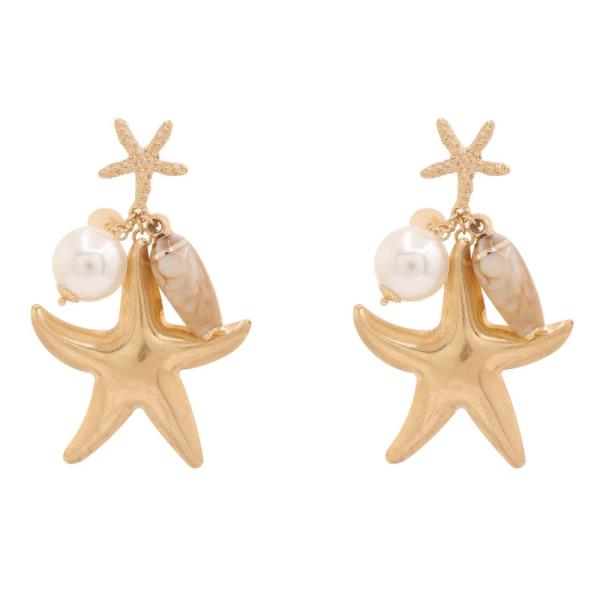 METAL STARFISH PEARL CHARM DROP EARRING