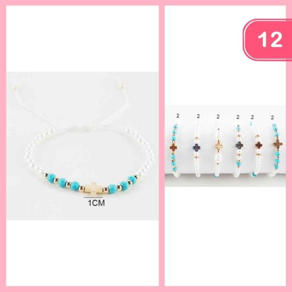 CROSS PENDANT BEADED STRING BRACELET (12 UNITS)