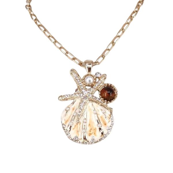 SHELL STARFISH CRYSTAL PEARL PENDANT STATEMENT NECKLACE