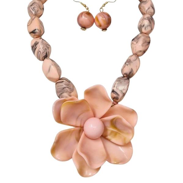 BEADED FLORAL PENDANT STATEMENT NECKLACE EARRING SET