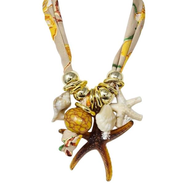FABRIC WRAPPED SHELL STARFISH MULTI CHARM NECKLACE