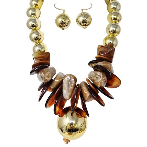 BEADED SHELL SPIKE STATEMENT NECKLACE EARRING SET