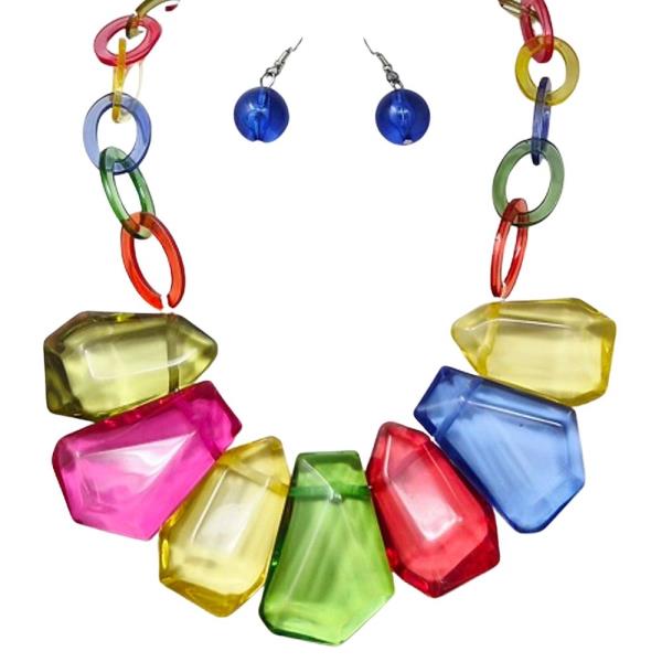 RESIN MULTI STONE CHUNKY LINK STATEMENT NECKLACE EARRING SET