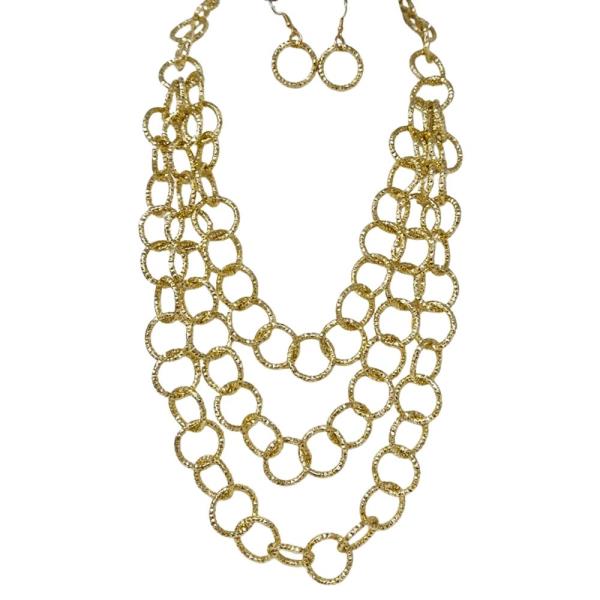 METAL MULTI STRAND CHAIN LINK LAYERED NECKLACE EARRING SET