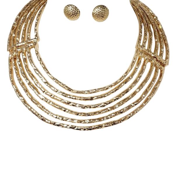 METAL MULTI STRAND LAYERED STATEMENT NECKLACE EARRING SET