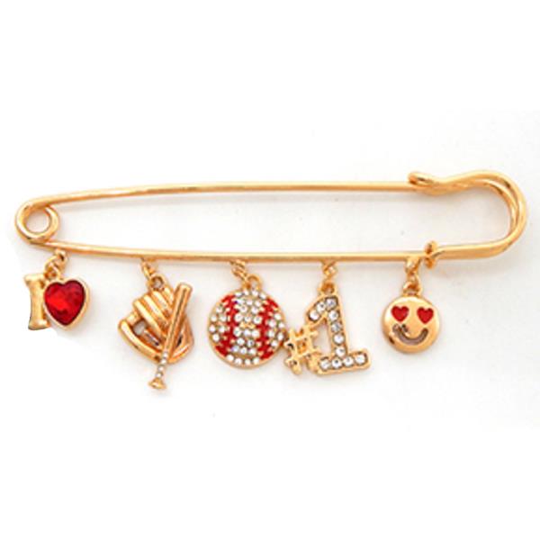 BASEBALL CHARMS DANGLING ON A SAFETY PIN BROOCH