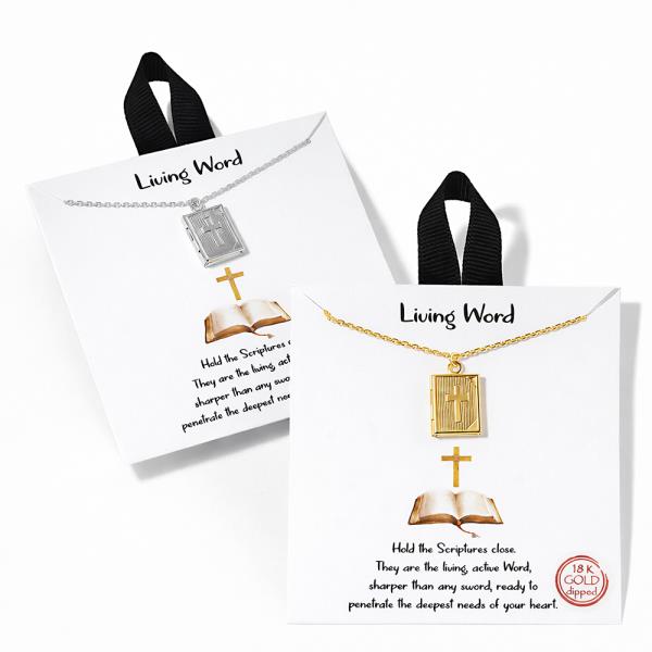 18K GOLD RHODIUM LIVING WORD CROSS BIBLE PENDANT NECKLACE