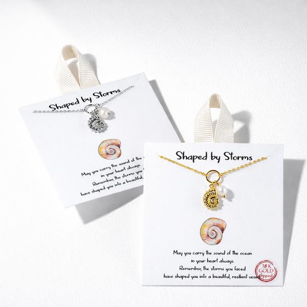 18K GOLD RHODIUM SHAPED BY STORMS SHELL PEARL PENDANT NECKLACE