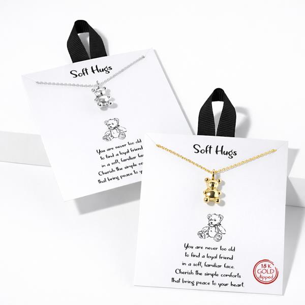 18K GOLD RHODIUM SOFT HUGS TEDDY BEAR PENDANT NECKLACE