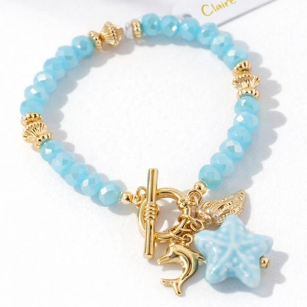 PORCELAIN STARFISH DOLPHIN SHELL TOGGLE CHARM BRACELET